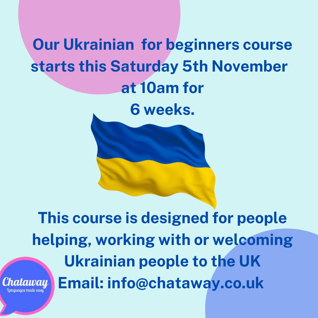 chataway123's tweet photo. Our face to face 6wk Ukrainian for beginners starting this Sat @10am. Do you help, work with or welcome Ukrainian people to the UK? Pre-booking is essential. #ChatawayLanguagesLtd #Ukrainian #Chataway #LanguagesMadeEasy #Languages #LearnUkrainian #Languagelessons https://t.co/kuwDcpCwk3