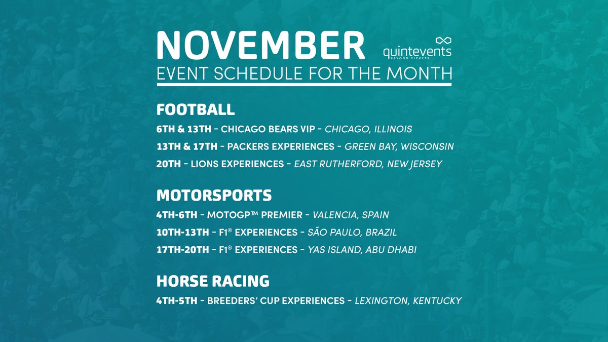 In November, Quint is activating 9 events around the world, ranging from football games to motorsport &amp; horse racing! 📅

From Wisconsin to Abu Dhabi, the Team works tirelessly with our partners to bring fans beyond the standard event ticket.

Learn more: buff.ly/3WmvKRu