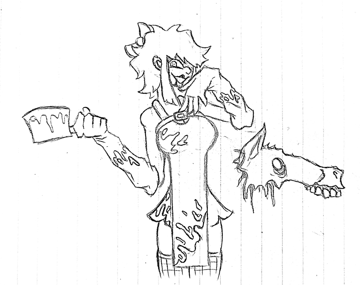 ThatMF_Pallet's tweet photo. As promised, here's some concept art for the Cupcakes rewrite:

Penelope Rose, Pinky Pie's replacement in the rewrite. to her right is her Horse mask (which is an actual rotted horse head)
#creepypasta #ghostbread https://t.co/HzZTGF8b0V