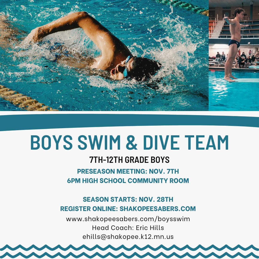 Joining the swimming and diving team this year? We are meeting Nov. 7th at 6pm at the High School in the Community. We hope to see you there!

#gosabers #shakopeeschools <a href="/ShakopeeSchools/">Shakopee Public Schools</a> <a href="/SabersAD/">Shakopee Activities</a>