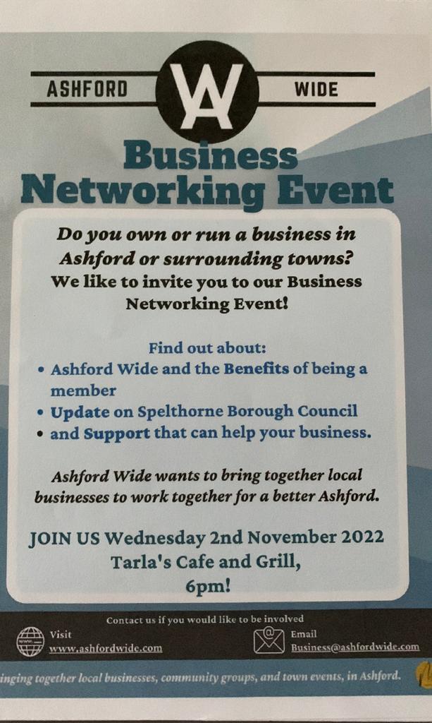 We've a networking event tomorrow at 6 pm. If you're a local business in the Ashford area, please do come along