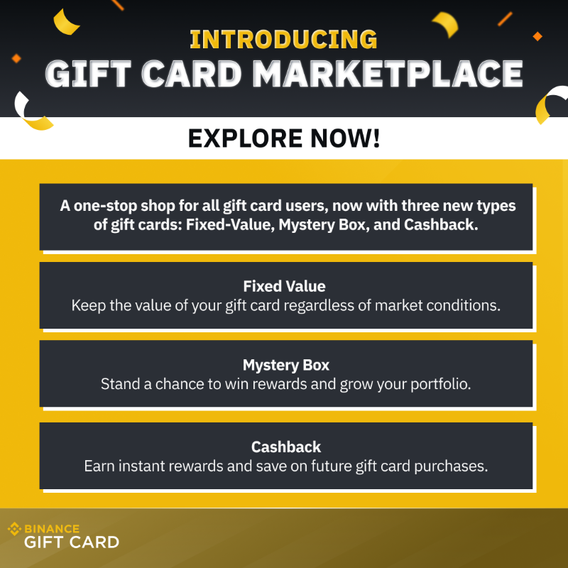 binance's tweet photo. Have you visited the new #Binance Gift Card Marketplace?
 
If not, we have introduced three new gift card types for you enjoy 🤝