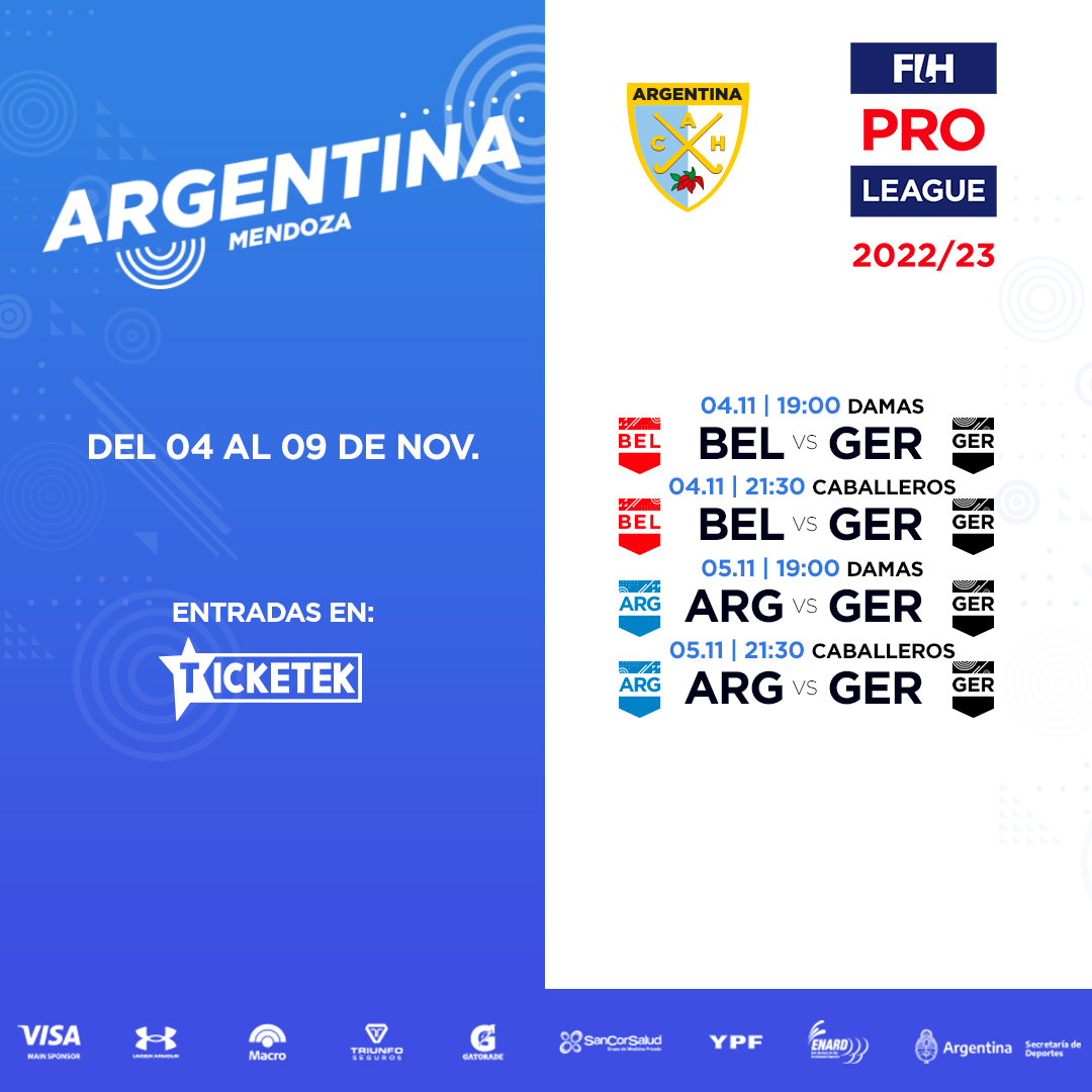 ArgFieldHockey's tweet photo. Agendá TODOS los partidos de PRO LEAGUE en MENDOZA 🏔

✔ 12 partidos
✔ 6 días

📍 El mejor hockey internacional llega a Mendoza. #LosLeones y #LasLeonas 🇦🇷 se medirán ante Bélgica 🇧🇪 y Alemania 🇩🇪.

¿Te lo vas a perder? 👉 Conseguí tus entradas en @TicketekAr. 

🤜🇦🇷🤛 https://t.co/ynsiCiQ5Mi
