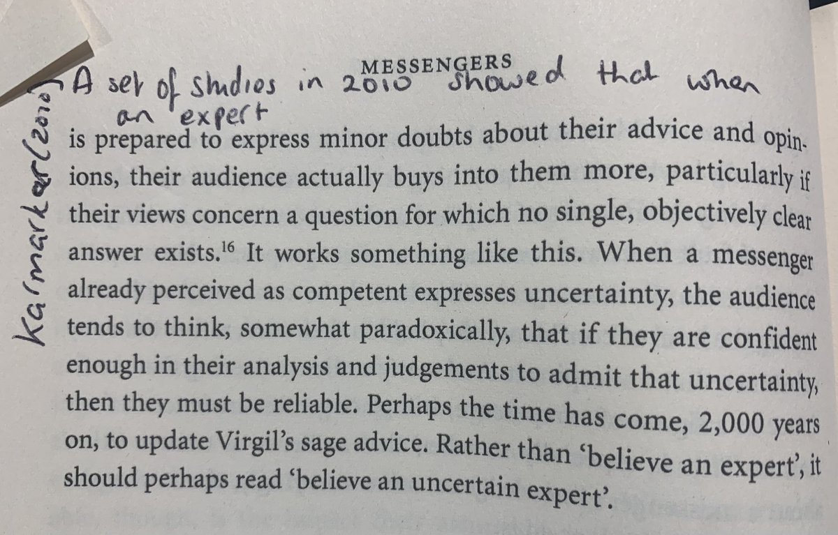 rshotton's tweet photo. Interesting 2010 study from Karmarkar - when an expert expresses a minor degree of uncertainty they become more persuasive

In the excellent Messengers by ⁦@scienceofyes⁩ https://t.co/I0y0GZfpfT