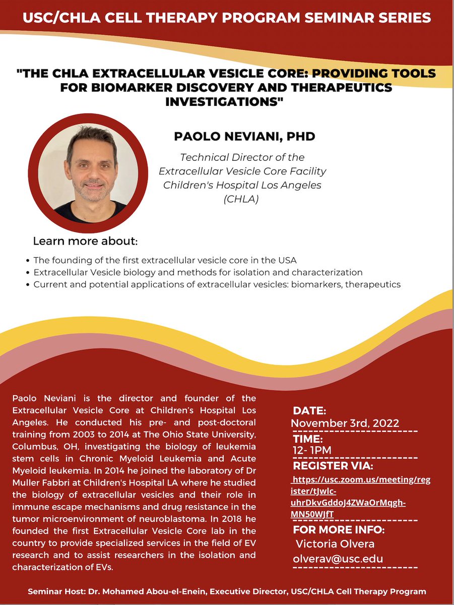 It's almost time for our USC/CHLA #CellTherapyProgram Seminar Series featuring Paolo Neviani, PhD.  Don't forget to register and join us 🔜Thur, Nov 3. 12 PM (PT). 
usc.zoom.us/meeting/regist…