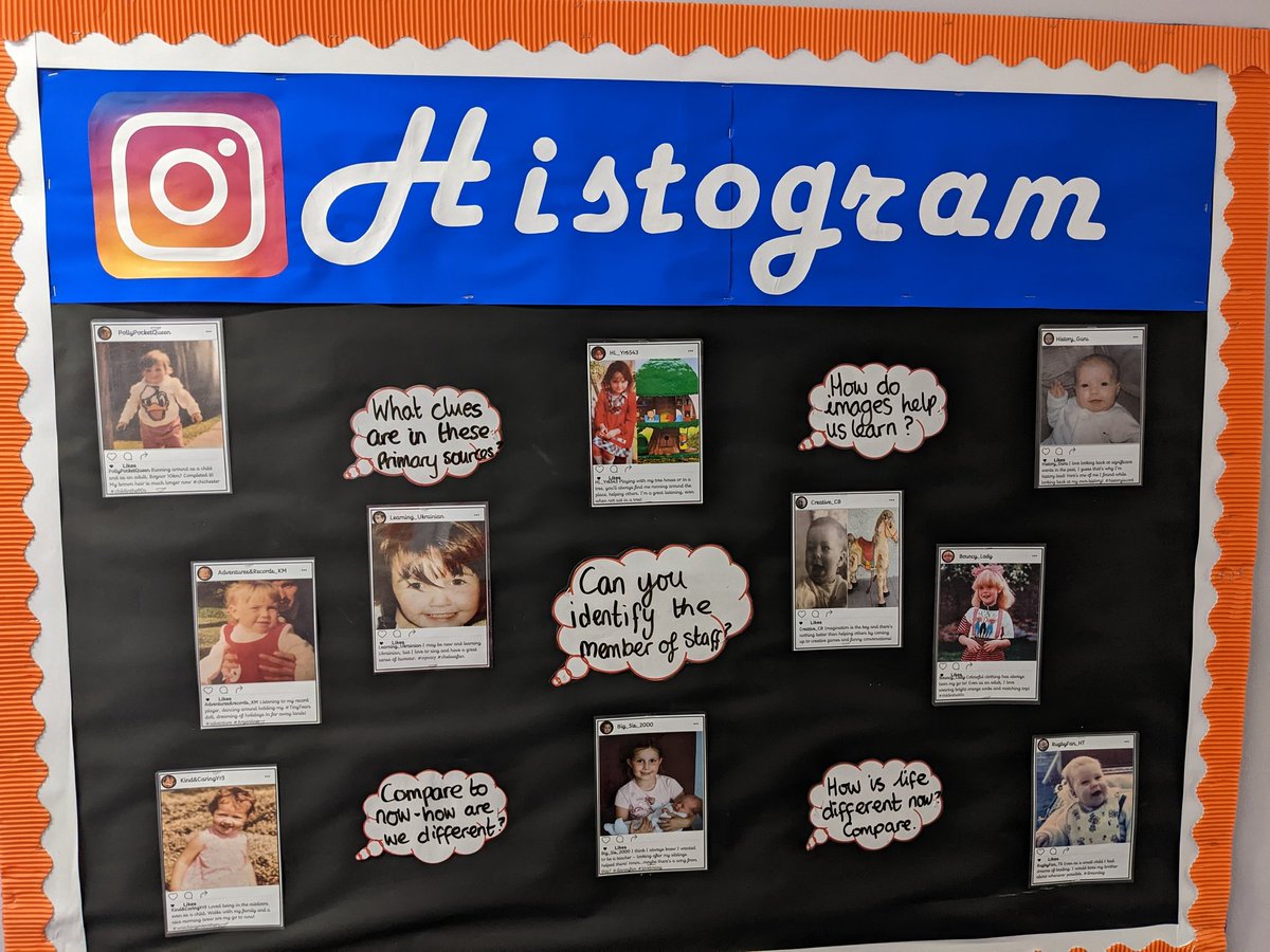 Autumn 2 #histogram is up and ready for the children to investigate. Can they work out the member of staff from the images and clues in the captions?! #historyteacher #primaryhistory #edutwitter #historyleader #KS2teacher