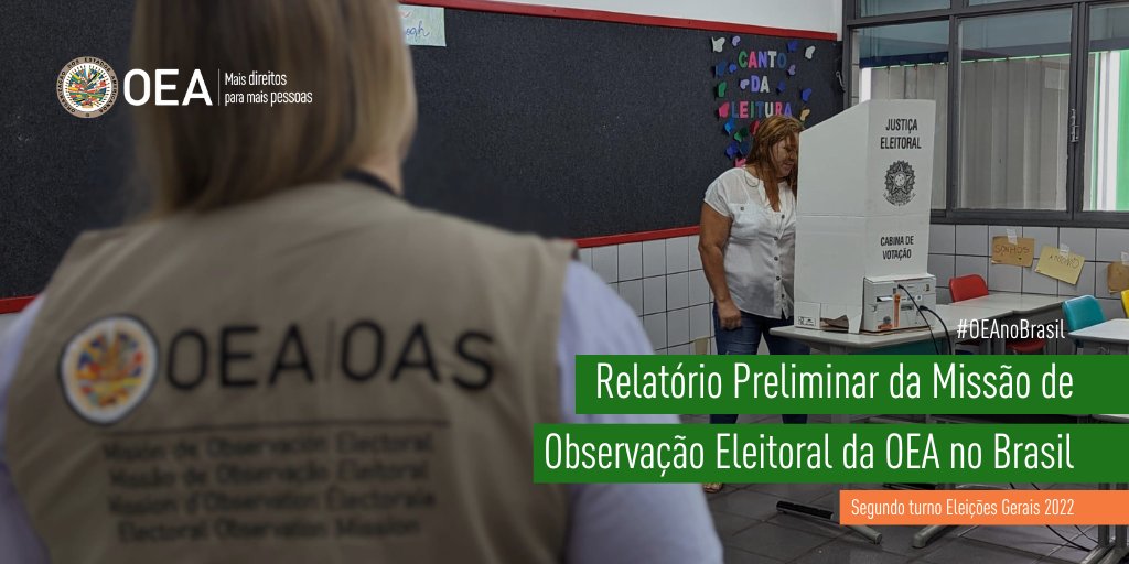 RELATÓRIO | Relatório preliminar da Missão de Observação Eleitoral da #OEAnoBrasil ao término do segundo turno das #Eleições2022

📃bit.ly/3UjR3RP