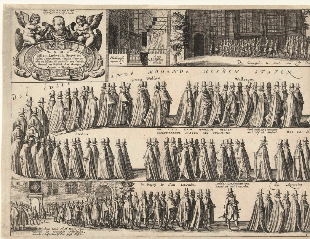 Begrafenis van Willem Lodewijk, graaf van Nassau, te Leeuwarden op 13 juli 1620, Blad 1 met een portret van Willem Lodewijk met wapens en twee bellenblazende engelen, het graf in de kerk, het vertrek van de begrafenisstoet uit de Kanselarij, en de aankomst bij de Grote Kerk