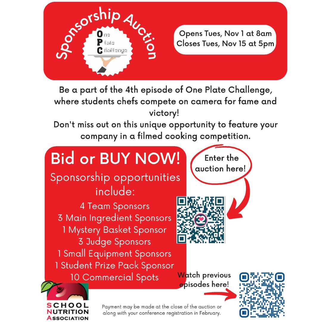 AUCTION IS LIVE!! 4th Annual CSNA One Plate Challenge Sponsorship. Amazing opportunity to feature your company in a filmed cooking competition.
32auctions.com/OnePlate2023
#CSNA #coloradoSNA #oneplatechallenge