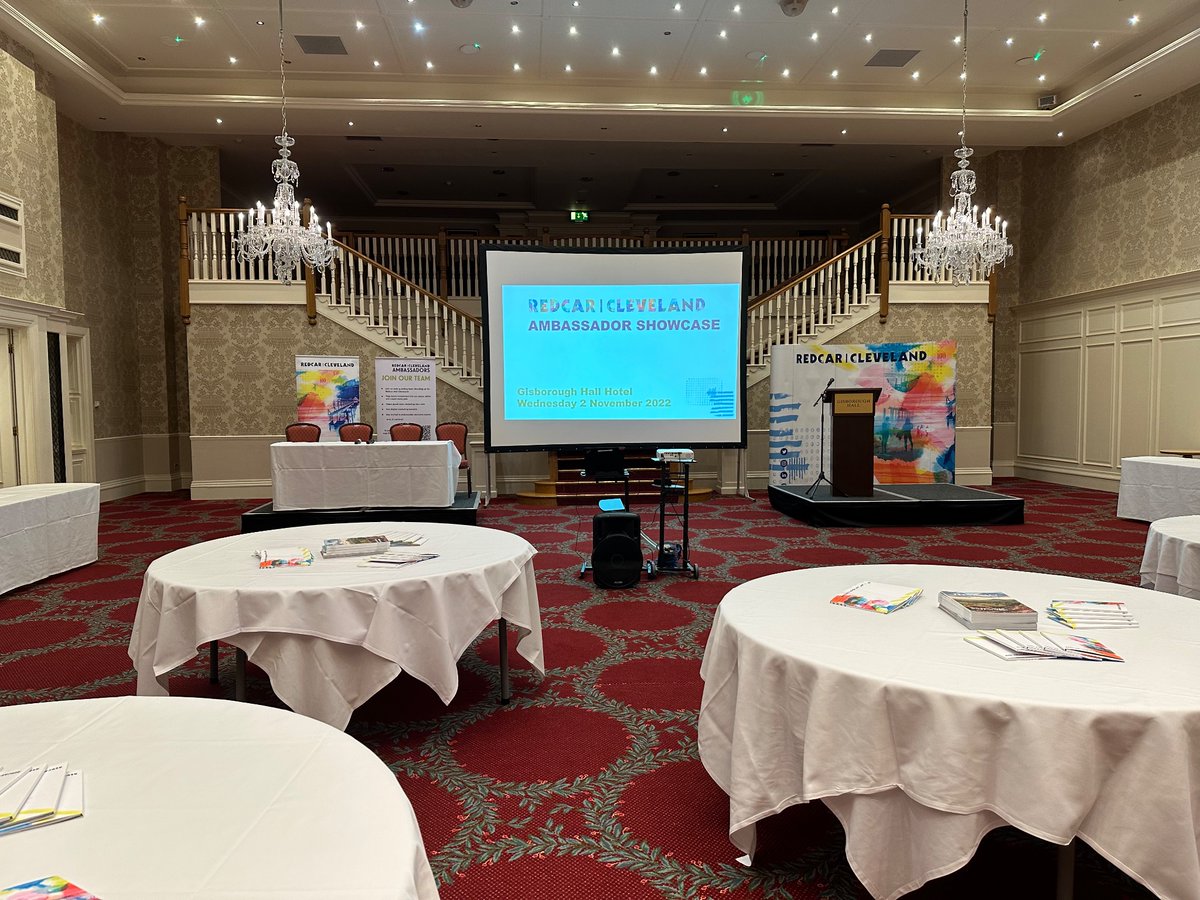 RCAmbassadors's tweet photo. The stage is set at @GisboroughHall for the Ambassador Showcase tomorrow! 

#RedcarCleveland #RCShowcase22 https://t.co/Xqh7kGJvdI