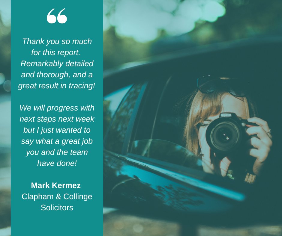 Some great feedback from our clients at <a href="/ClaphamandC/">Clapham & Collinge Solicitors</a>🕵️‍♀️

If you need to locate an individual or assets, you know what to do 👇

📞 0330 090 4031 | 01603 904031
🖥 enquiries@taylorinvestigations.co.uk
🖱 taylorinvestigations.co.uk