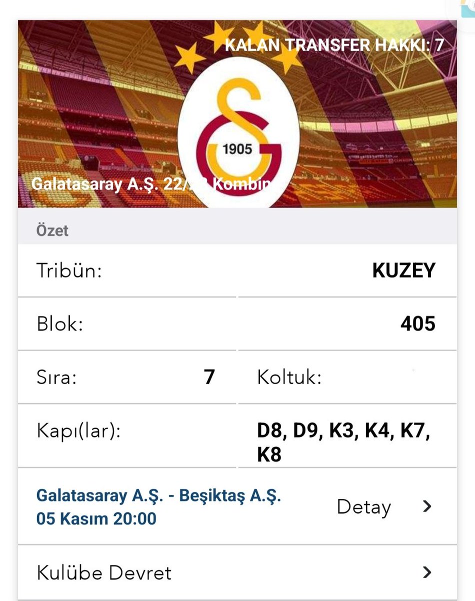 vakanuvis28's tweet photo. Galatasaray Beşiktaş maçına Kuzey üst tribün 405 blok 7. Sira

#Galatasaraybilet #galatasaraySK #GalatasarayNEF #kombine1devir #kombine #kombinenidevret #biletdevir #macbileti
#maçbileti #kombinebilet #galatasaray https://t.co/qOn5PlWQAv