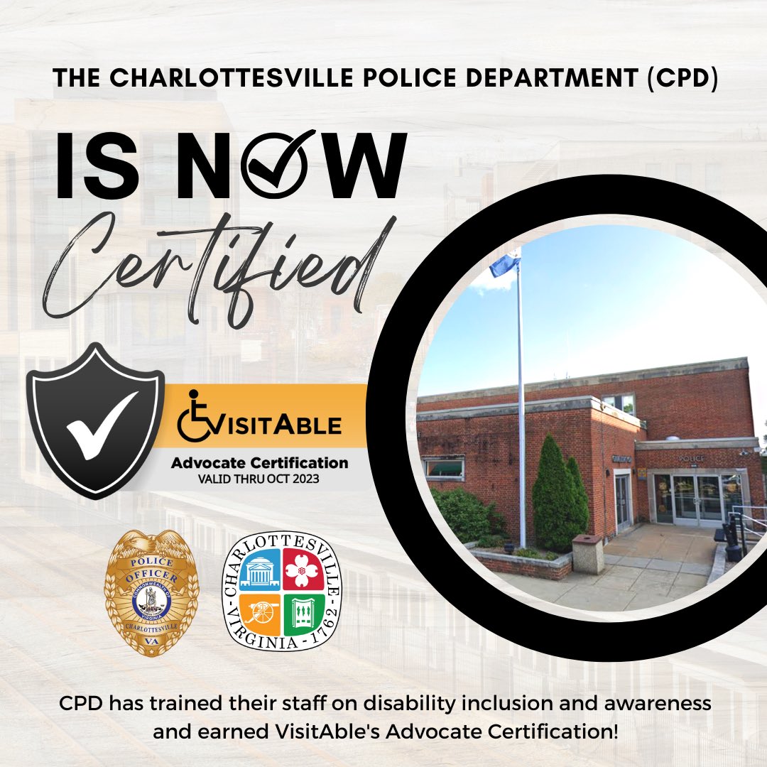 cvillepolice's tweet photo. The Charlottesville Police Department has partnered with @VisitAble_ to complete the Advocate Certification program!
#VisitAble #VisitAbleCertification #disability #accessibility #promote #improve #empower #design #inclusion #InclusiveDesign #Congratulations https://t.co/cWtP0kBsFk