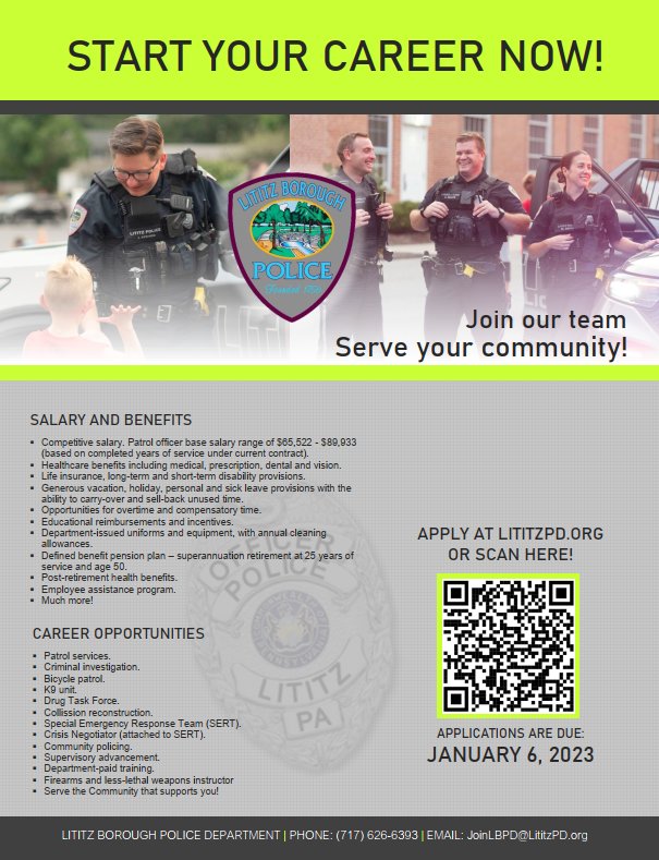 LititzPolice's tweet image. It's time to make your mark, it's time to serve...are you ready?  Are you ready to #JoinLBPD ?
Apply today: lancaster.crimewatchpa.com/lititzpd/11450…