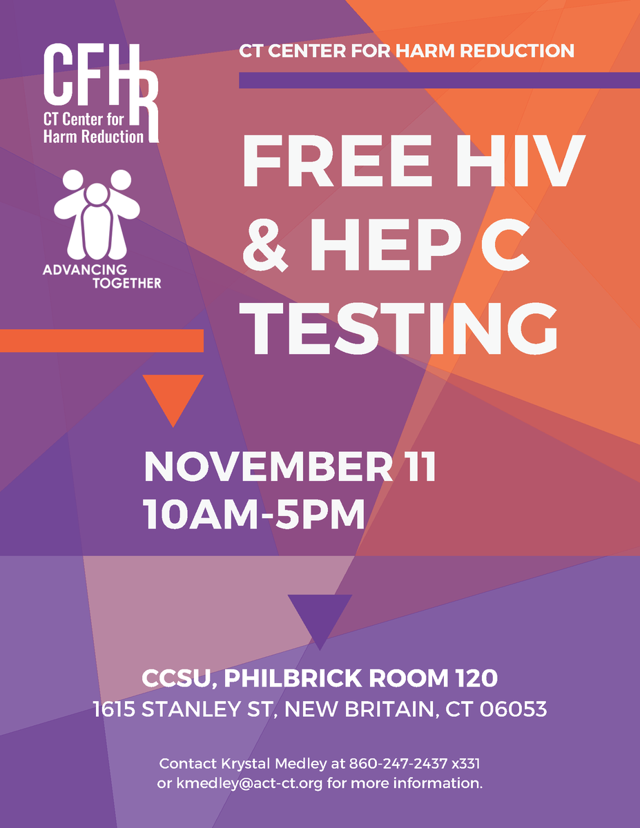 CTCFHR's tweet photo. Hey @CCSU, we will be on campus November 11th offering free HIV &amp; Hep C tests. Visit us in Philbrick, Room 120. We will be there 10-5pm. Stop by for a test, to enter into a Solo Date Night Basket raffle, &amp; for some free safe sex supplies! https://t.co/hIl3KQsPCp