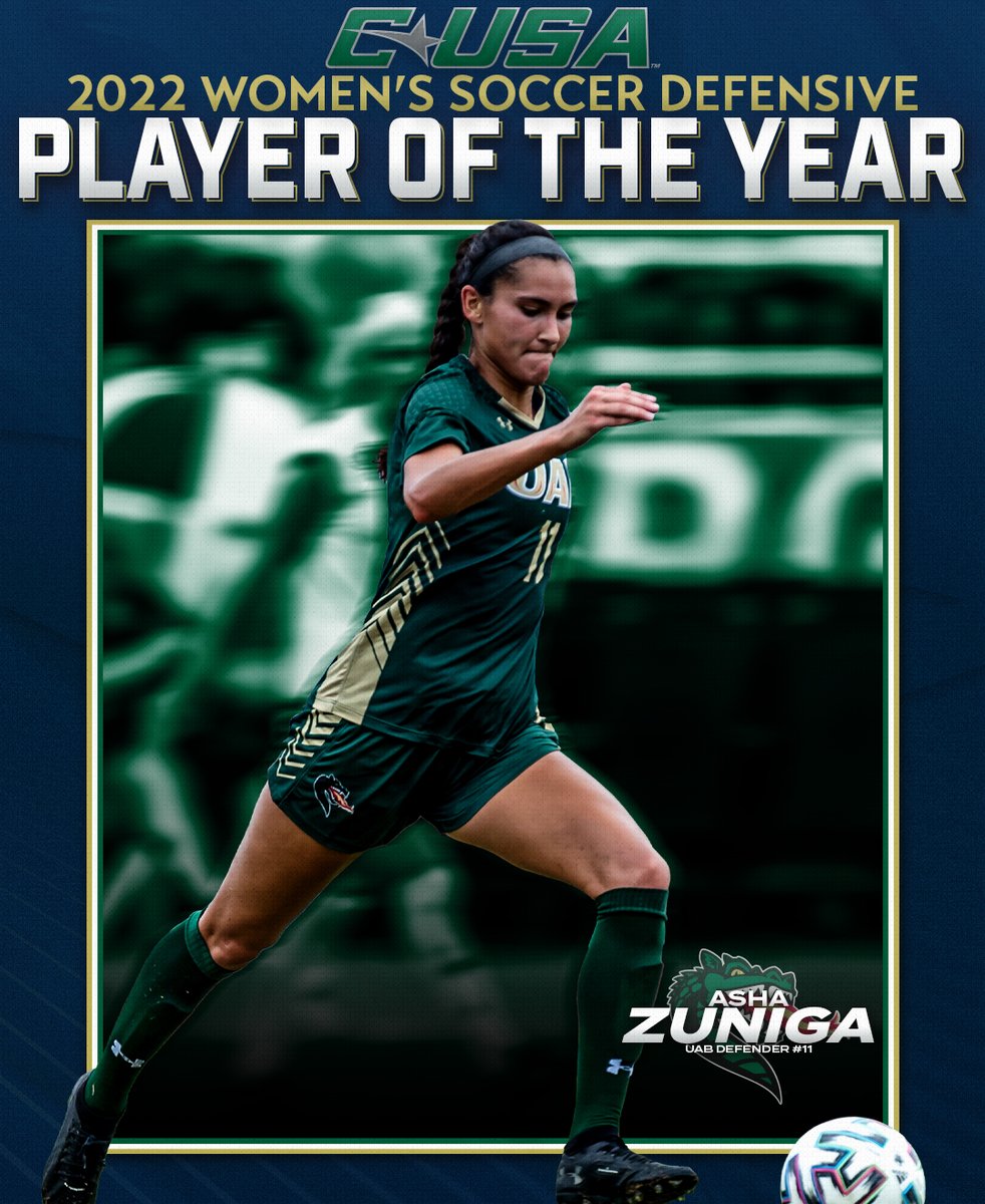 𝟮𝟬𝟮𝟮 𝗪𝗼𝗺𝗲𝗻’𝘀 𝗦𝗼𝗰𝗰𝗲𝗿 𝗗𝗲𝗳𝗲𝗻𝘀𝗶𝘃𝗲 𝗣𝗹𝗮𝘆𝗲𝗿 𝗼𝗳 𝘁𝗵𝗲 𝗬𝗲𝗮𝗿

Asha Zuniga (<a href="/ashazuniga/">Asha</a>), <a href="/UAB_WSOC/">UAB Women's Soccer</a>

#CUSAWSOC ⚽️ | bit.ly/3SVEryU