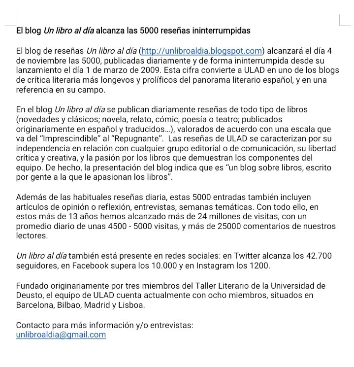 Creo que no he pedido nunca nada en Twitter. Ahora lo hago. El próximo 4N el blog UN LIBRO AL DÍA publica su entrada 5.000, después de 13 años de posts ININTERRUMPIDOS. Todos los días. Todos los meses. Todos los años. No han fallado NUNCA. Si algún medio me lee, echad un ojo ❤️