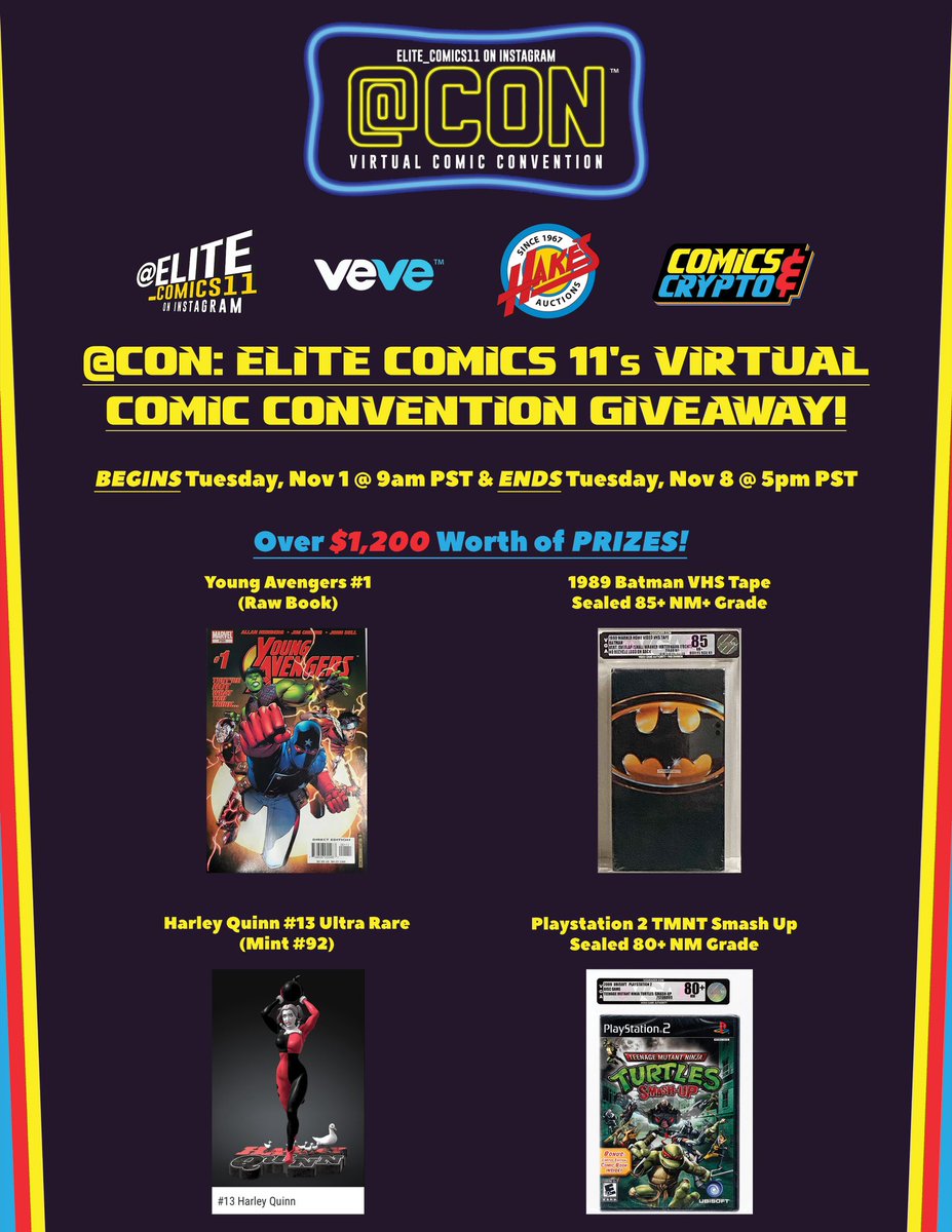 ComicsandCrypto's tweet photo. In celebration of @ Con, we are teaming up with @elite_comics11, @veve_official, @HakesAuctions, @ClemsonTiger80, and @UpUp_Crypto to give away over $1,200 in collectibles! Contest runs 11/1 - 11/8. Follow the link to enter: https://t.co/oAYh5Vxs5W https://t.co/UXWz3t64XZ