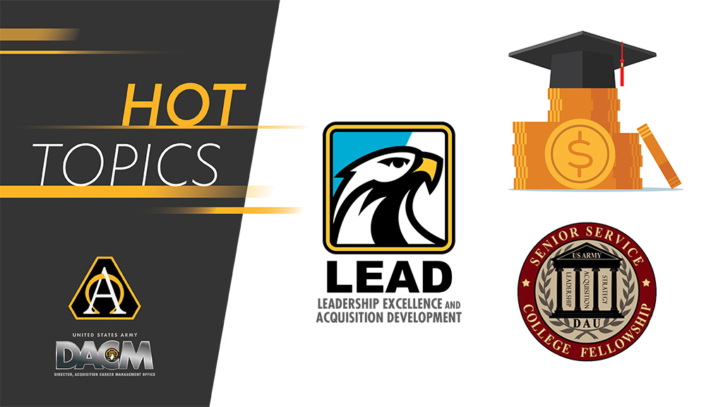 USAASC's tweet photo. In the November 2022 edition of #DACMHotTopics we announce the application dates for the #DAUSSCF, #SLRP, and #IDEAL programs. Get this, and more acquisition education, training and career development opportunities information now! https://t.co/MFrYUaVdfM. https://t.co/85kGXz0ZpM