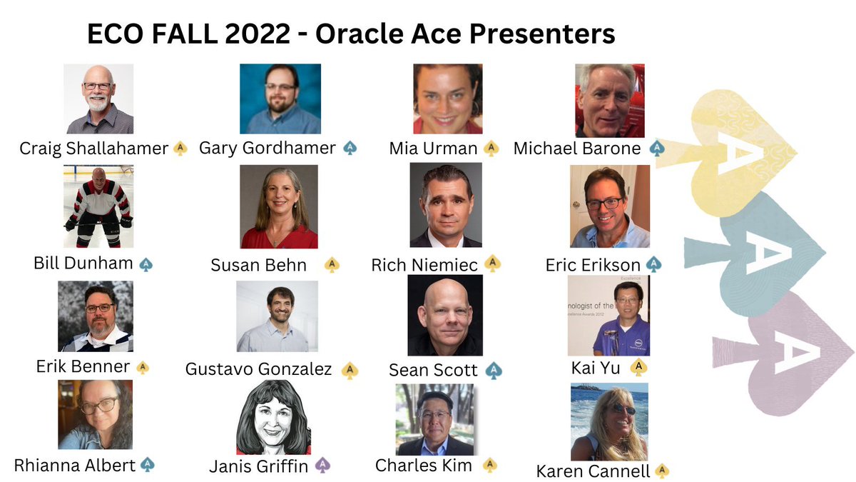Take a took at the Oracle ACEs that will attend <a href="/EastCoastOracle/">ECO</a> Fall 2022 during Nov 7 - 9!
<a href="/OATCInc/">OATC</a> <a href="/Erik_Benner/">Erik Benner</a> @ggordham <a href="/suzybehn/">Susan Behn</a> <a href="/ggonza4knex/">Gustavo Gonzalez</a> <a href="/miaurman/">Mia Urman</a> <a href="/RichNiemiec/">Rich Niemiec</a> <a href="/racdba/">Charles Kim</a> <a href="/cshallahamer/">Craig Shallahamer</a> <a href="/ericerikson/">Eric Erikson</a> <a href="/ky_austin1/">Kai_Yu</a>

Still time to register ➡️ social.ora.cl/6019MW7xB
#OracleACEs