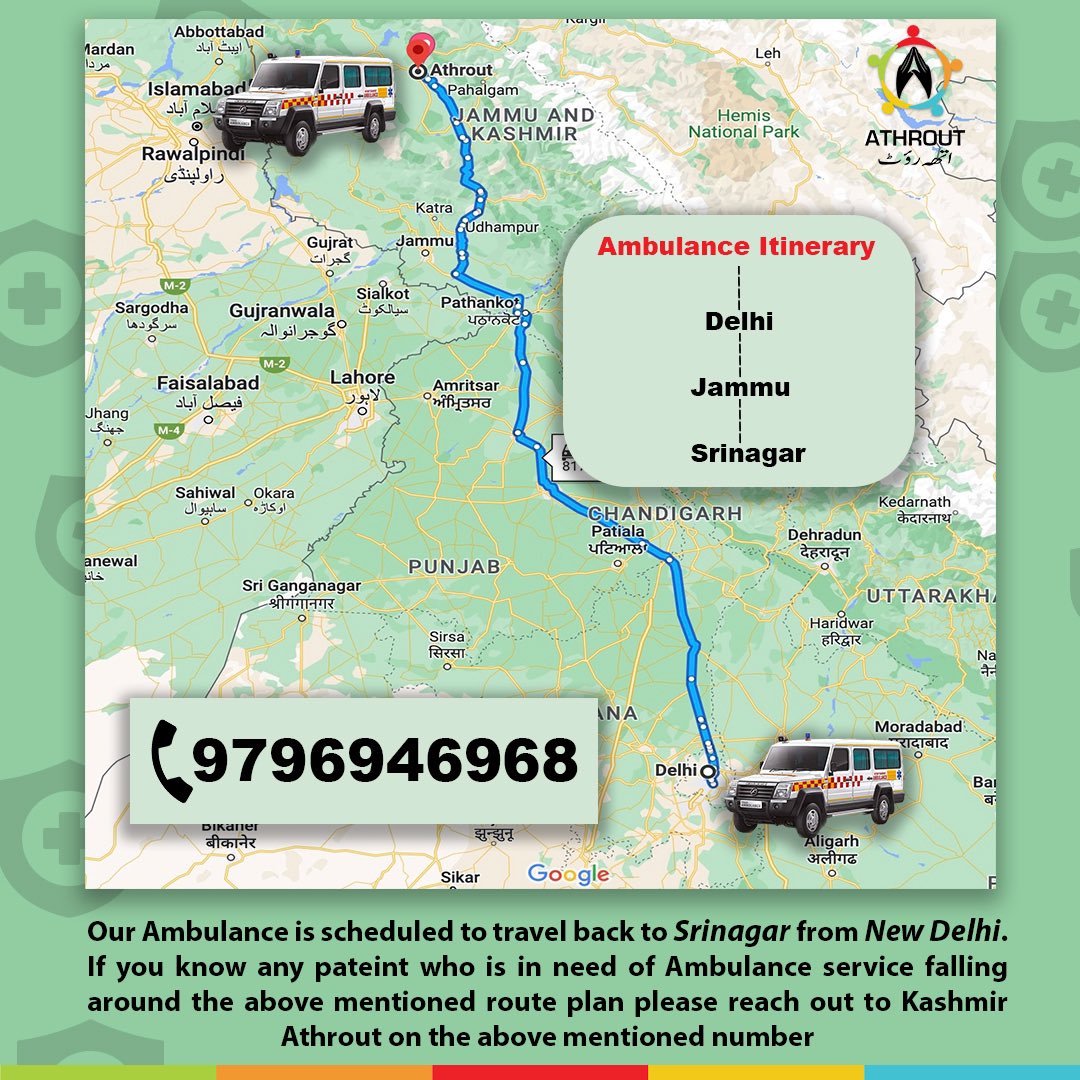 Please share and spread the word Our Ambulance is scheduled to travel back to Srinagar from New Delhi. If you know any pateint who is in need of Ambulance service falling around the below mentioned route plan please reach out to Kashmir Athrout on the given number.