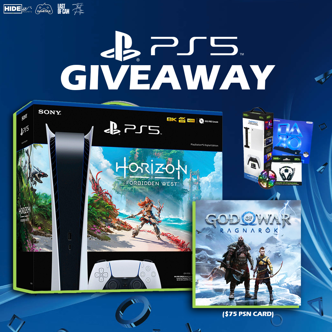 gamrtalk's tweet photo. 🚨 PS5 Giveaway! 🚨 Enter &amp; WIN a Digital #PS5 (Horizon Bundle), #GodofWar Ragnarök ($75 PSN Card), HIDEit Bundles &amp; More!

📢 Enter for FREE:
- Retweet
- Follow @LastOfCam
- Follow @ThatPetra
- Follow @Gamrtalk
- Follow @HIDEitMounts

⭐️ More Entries: https://t.co/5Xteuqe8Td https://t.co/CVvM06MBQF