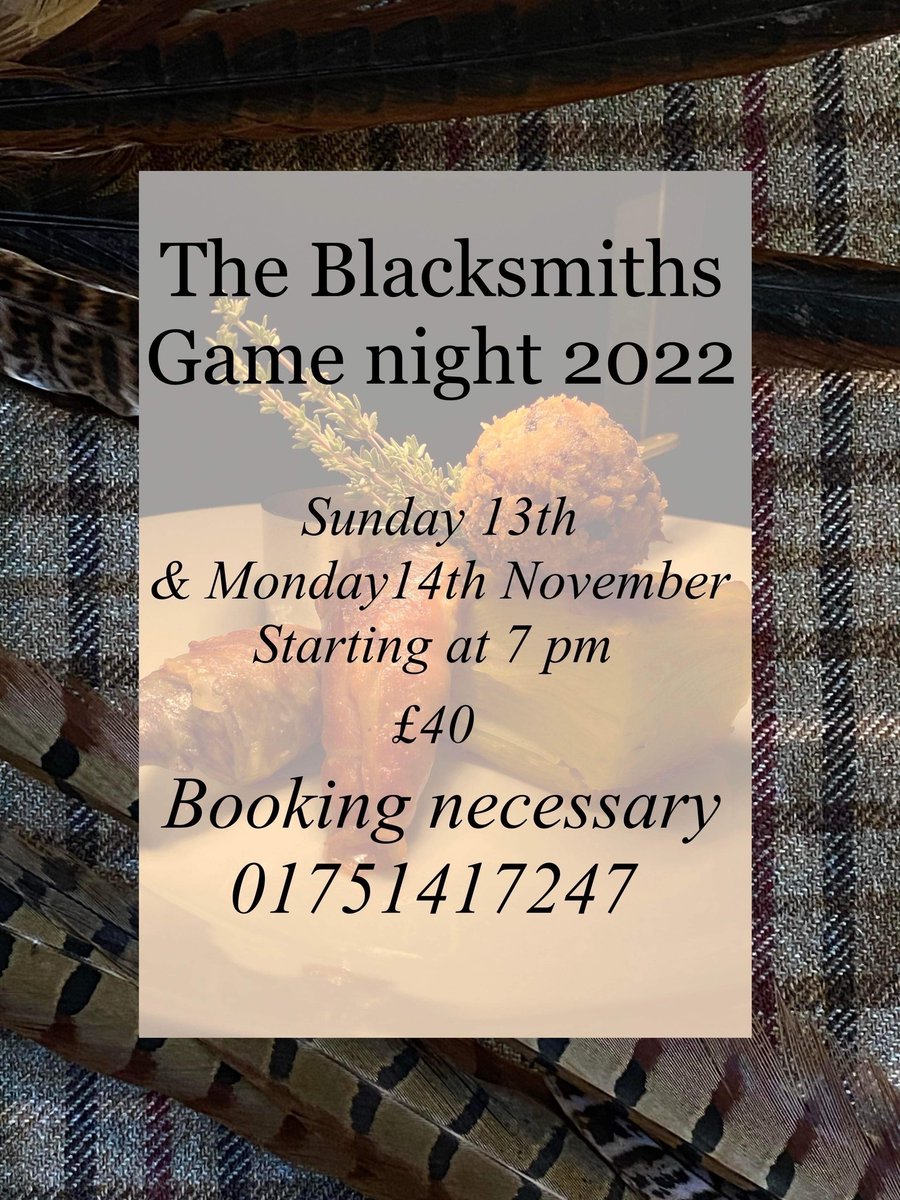 Game Night at the Blacksmiths Arms at Lastingham (YO62 6TN).  This will be a great evening showcasing the best locally sourced game from around Yorkshire.  Ali is a fantastic chef so book early to get a place.   See you there.