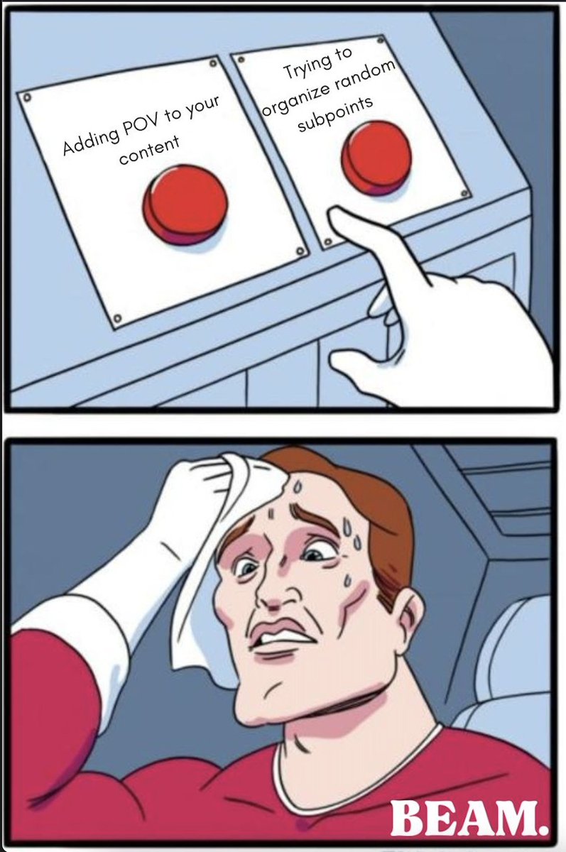 heybeamcontent's tweet image. Bringing a point of view to your content makes it original.

Big whoop. 
That's no surprise.

But this might be: it makes your content more organized, too. 

Instead of a random list of sub points, suddenly you have to pay attention to how everything fits together on the whole.