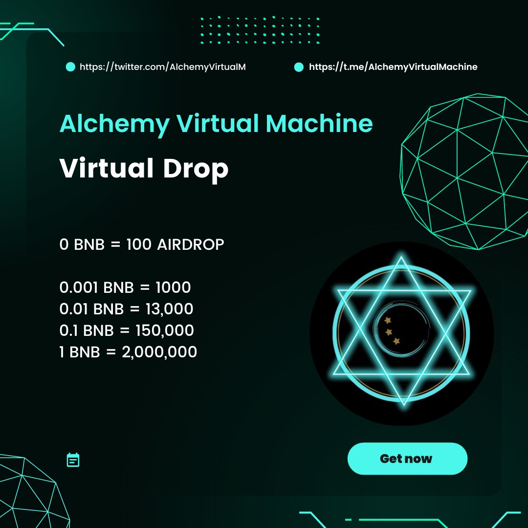 AlchemyVirtualM's tweet image. 📌To those who wanted to avail more AVM Token,you can send BSC to contract address for a minimum purchase of 0.001 BNB and you will receive  1000 AVM.

🪂AIRDROP
0 BNB = 100 AVM

🎯VIRTUAL DROP
0.001 BNB = 1000 AVM
0.01 BNB = 13,000 AVM
0.1 BNB = 150,000 AVM
1 BNB = 2,000,000 AVM
