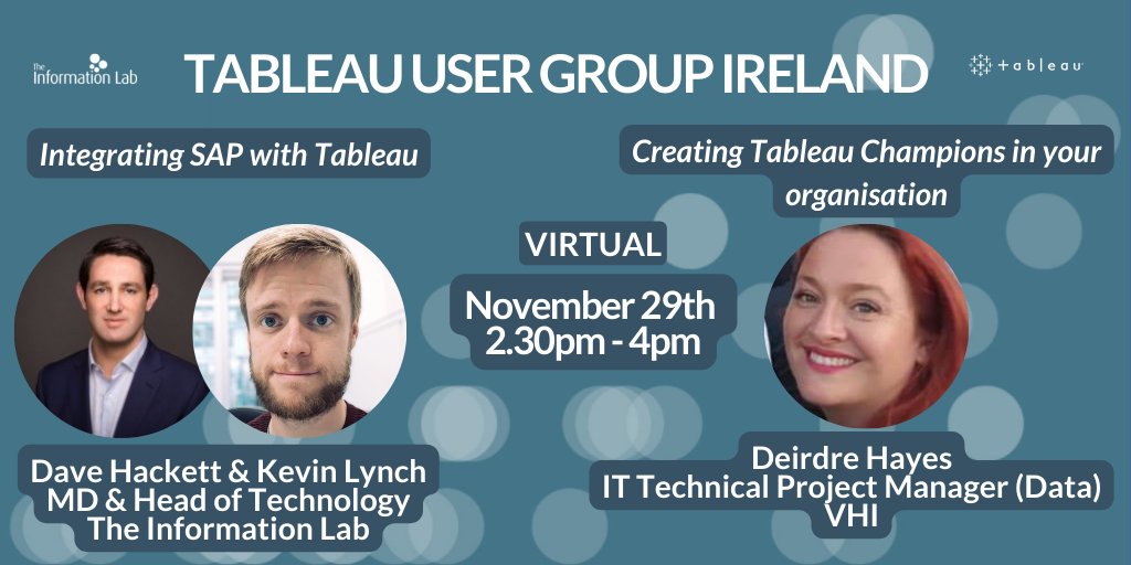 The next Tableau User Group Ireland will feature expert guidance on the process of integrating SAP into Tableau from our very own Dave Hackett and Kevin Lynch, as well as advice from VHI's Deirdre Hayes on creating Tableau Champions in your organisation. usergroups.tableau.com/tableau-virtua…