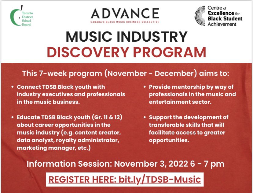 Do you know any Black-identifying youth <a href="/tdsb/">Toronto District School Board</a> who is interested in a career in the music industry?

We have teamed up with <a href="/advancemusicca/">ADVANCE</a> to offer the 7-week Music Industry Discovery Program.

Join us for an Information Session on Nov. 3

bit.ly/TDSB-Music

#tdsbcebsa