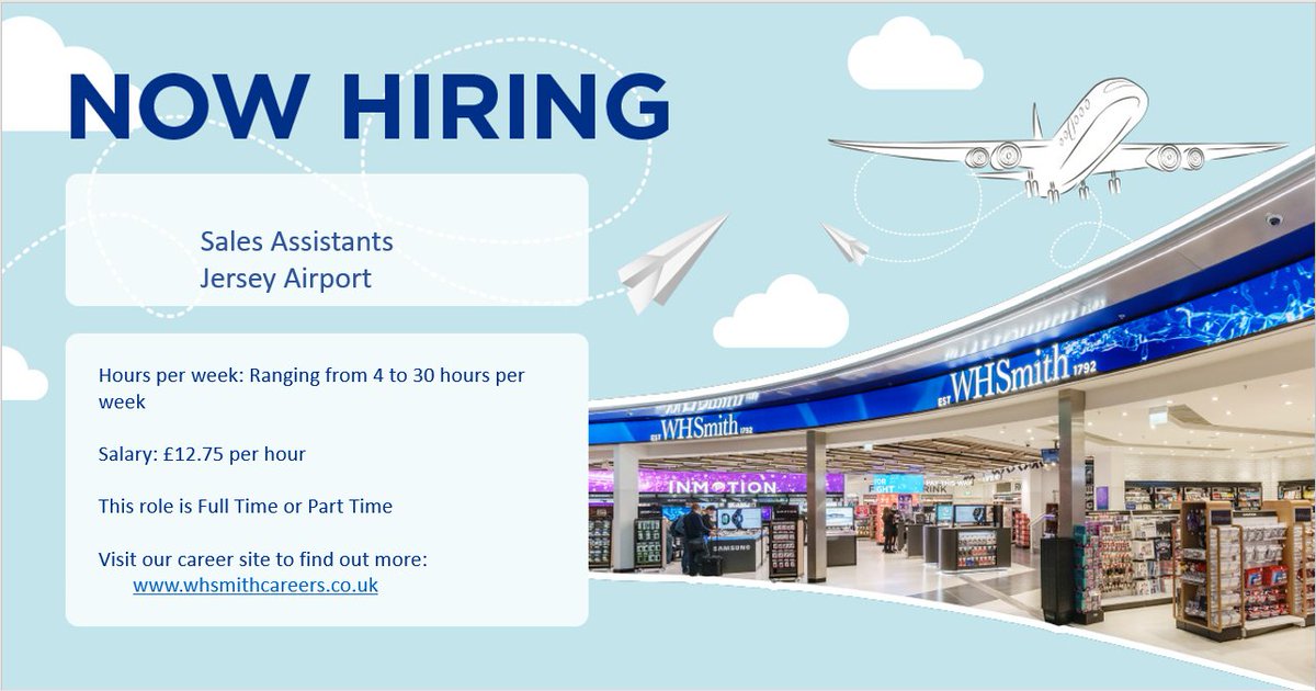 HIRING NOW! WHSmith Sales Assistants @JerseyAirport, for every career journey there is a WHSmith. It’s a great opportunity, we are more than just WHSmith! Apply: shorturl.at/BCQRS ✈️
#Recruiting #SalesJobs #travel