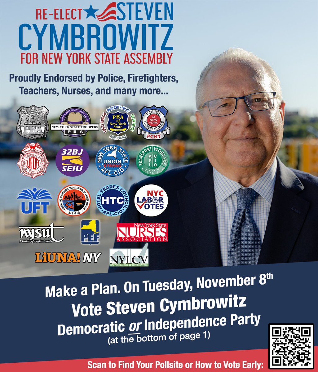 I'm proud to be endorsed by police, firefighters, teachers, nurses and many more who work hard to make our city and state great. Early voting continues through Sun., Nov. 6th and Election Day is Tues., Nov. 8th. Hours and pollsites at findmypollsite.vote.nyc.