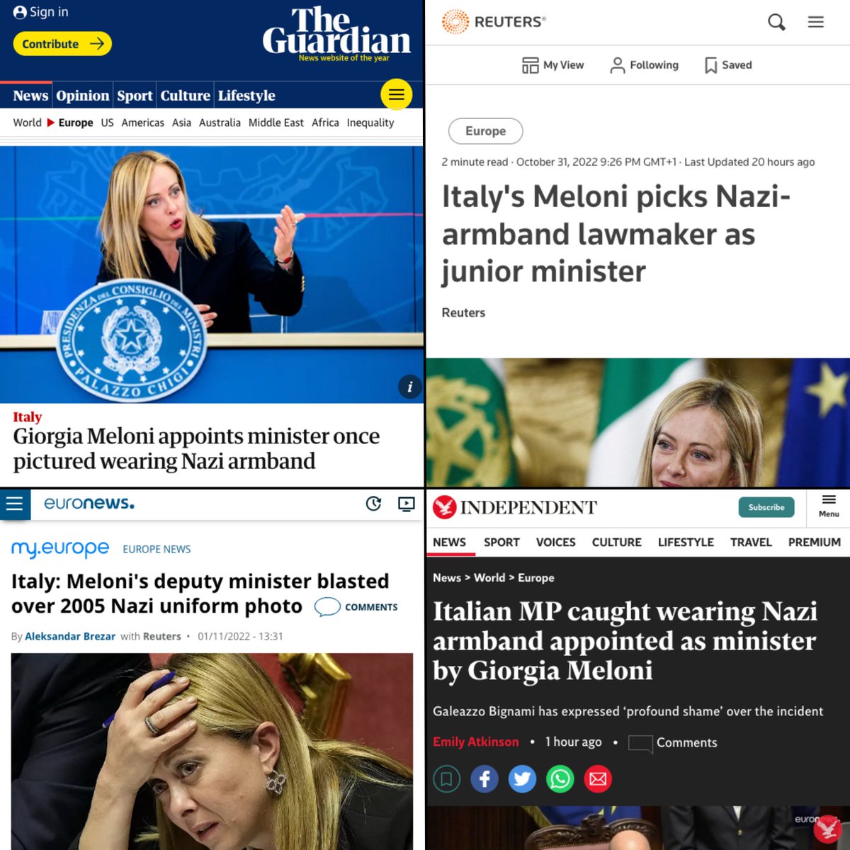 realunowen's tweet photo. Se @EnricoLetta è intelligente adesso prende questi screen in cui la stampa estera parla della nomina a viceministro di Bignami e li sbatte in faccia alla Meloni, a proposito di chi davvero danneggia l'immagine dell'Italia. https://t.co/dfv5Cy721N