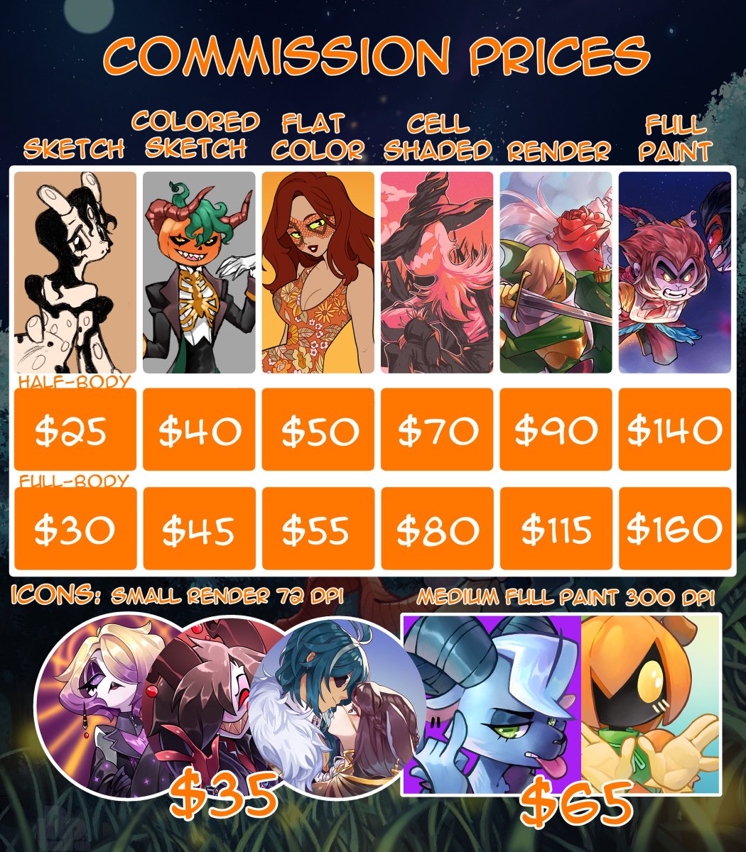 Lilroundpumpkin's tweet image. New Commission prices! It's been 2 years so I'm finally updating them! Check them out and DM me if you have questions or are interested!!