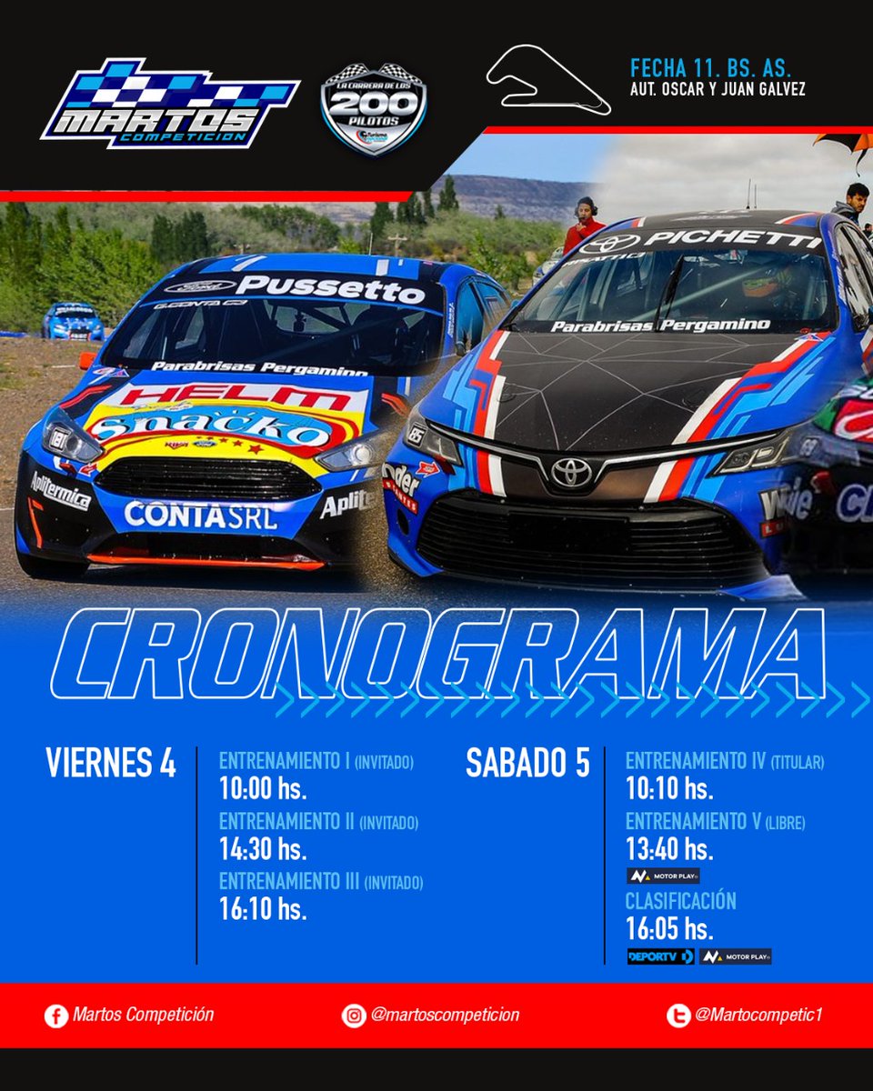 MartosCompetic1's tweet photo. Crono del finde. 
#lacarreradelos200pilotos
🌎 Autódromo "Oscar y Juan Gálvez" de Buenos Aires.🏁
🔧 Martos Competición
6️⃣9️⃣ : @MartinChialvo   //@maximakuin  
8️⃣5️⃣ : @CaitoRisatti   // @colo.rosso 
1️⃣1️⃣8️⃣ : @antoninog18   // @manuuluque  
1️⃣8️⃣1️⃣ : @gregoconta   // @jereolmedook https://t.co/Xs98BPINnL