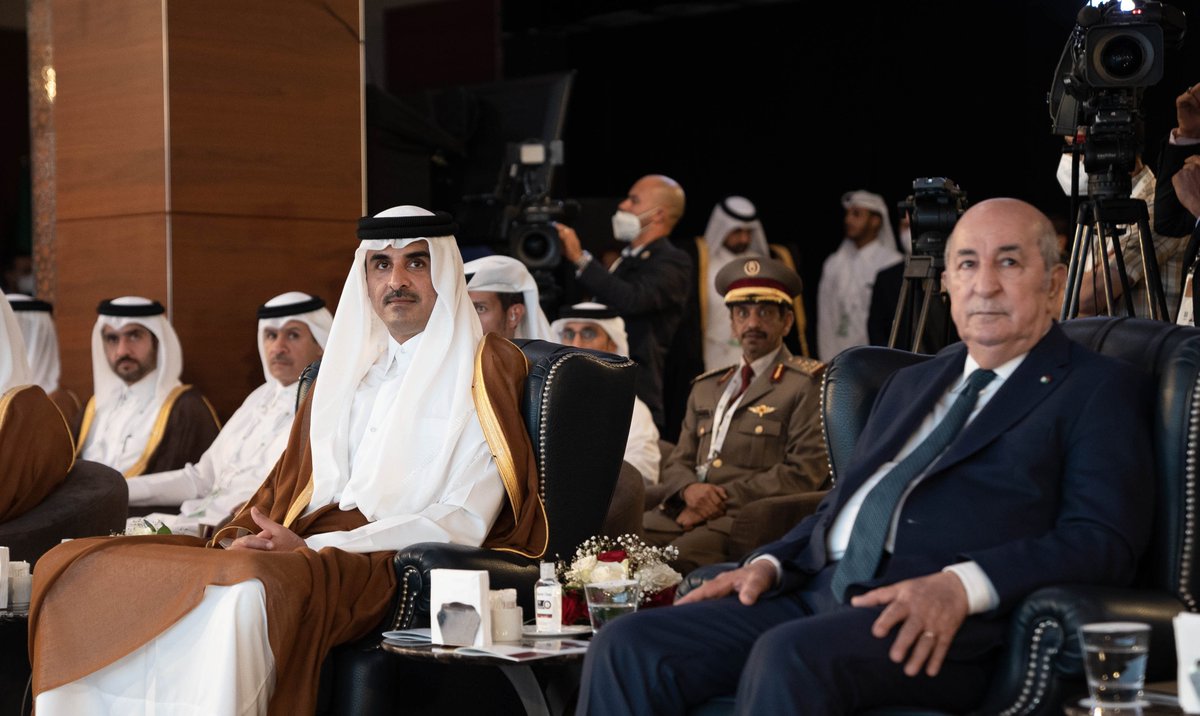 AmiriDiwan's tweet photo. سمو الأمير المفدى وأخوه فخامة الرئيس الجزائري يشهدان إطلاق مشروع المستشفى "الجزائري القطري الألماني"، وافتتاح مشروع مصنع الحديد والصلب للشركة الجزائرية القطرية للصلب، وذلك في المركز الدولي للمؤتمرات "عبداللطيف رحال" في الجزائر. https://t.co/BL35nXyrHm https://t.co/e0PAPO5OaO