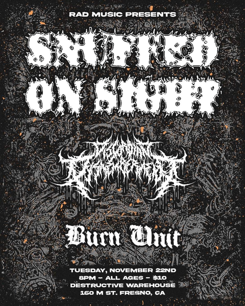 radmusicOF's tweet photo. Two dumb heavy shows at Destructive Warehouse in Fresno before the end of the year. Don't miss @SnuffedOnSight Nov 22nd and @SaltwoundCA Dec 4th. Tickets at the door only
#rad #radmusic #radaf #fresno #deathmetal #metal #deathcore #metalcore #hardcore #hardcorepunk #punk https://t.co/ZYJqgShHTz