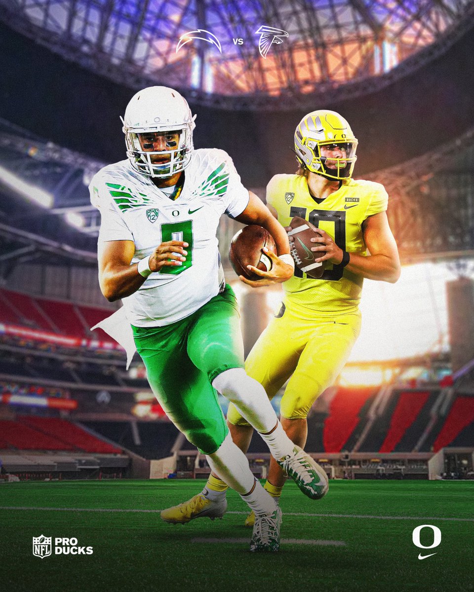 GoDucks's tweet photo. #ProDucks showdown.

Don't miss @chargers vs. @AtlantaFalcons this Sunday at 10:00AM PT on FOX. #GoDucks https://t.co/diBaa9X74n