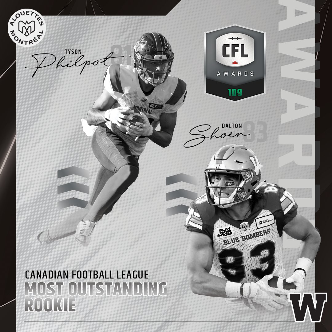 CFL's tweet photo. Your finalists for the #CFL's Most Outstanding Rookie:

· Tyson Philpot (@MTLAlouettes)
· Dalton Schoen (@Wpg_BlueBombers)

#CFLAwards https://t.co/KBcPXit5XA