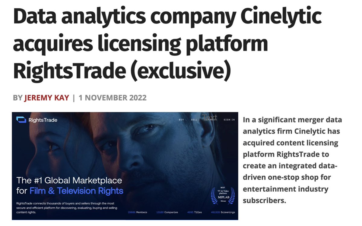 cinelytic's tweet photo. Cinelytic + @RightsTrade - The Merging of Two Industry Leaders

The entertainment industry's leader in data driven decision support has joined forces with the leading online marketplace for film, television and digital media distribution rights

https://t.co/wAAmURBGB7 https://t.co/xLKwYBXxLA