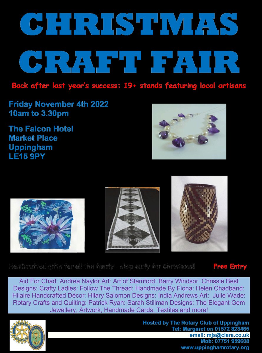Uppingham Rotary Christmas Fair this Friday from 10am to 3.30pm in The Falcon Hotel. Free entry.