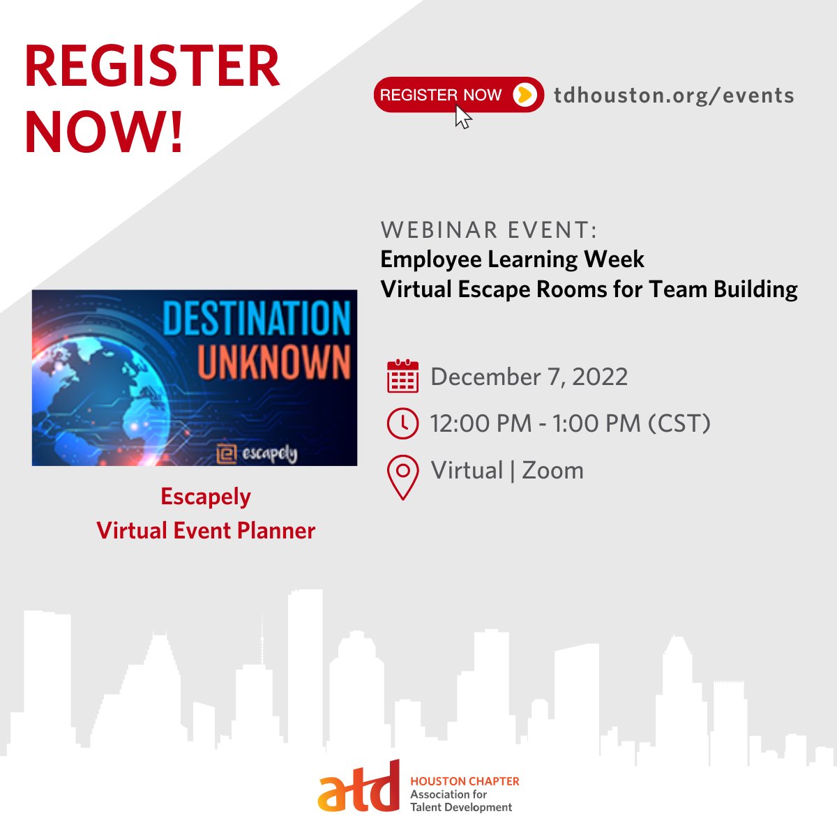 Join us on 12/7 for this fun @escapelyco  #escaperoom event! It's going to be a blast! Register at: tdhouston.org/event-5027514