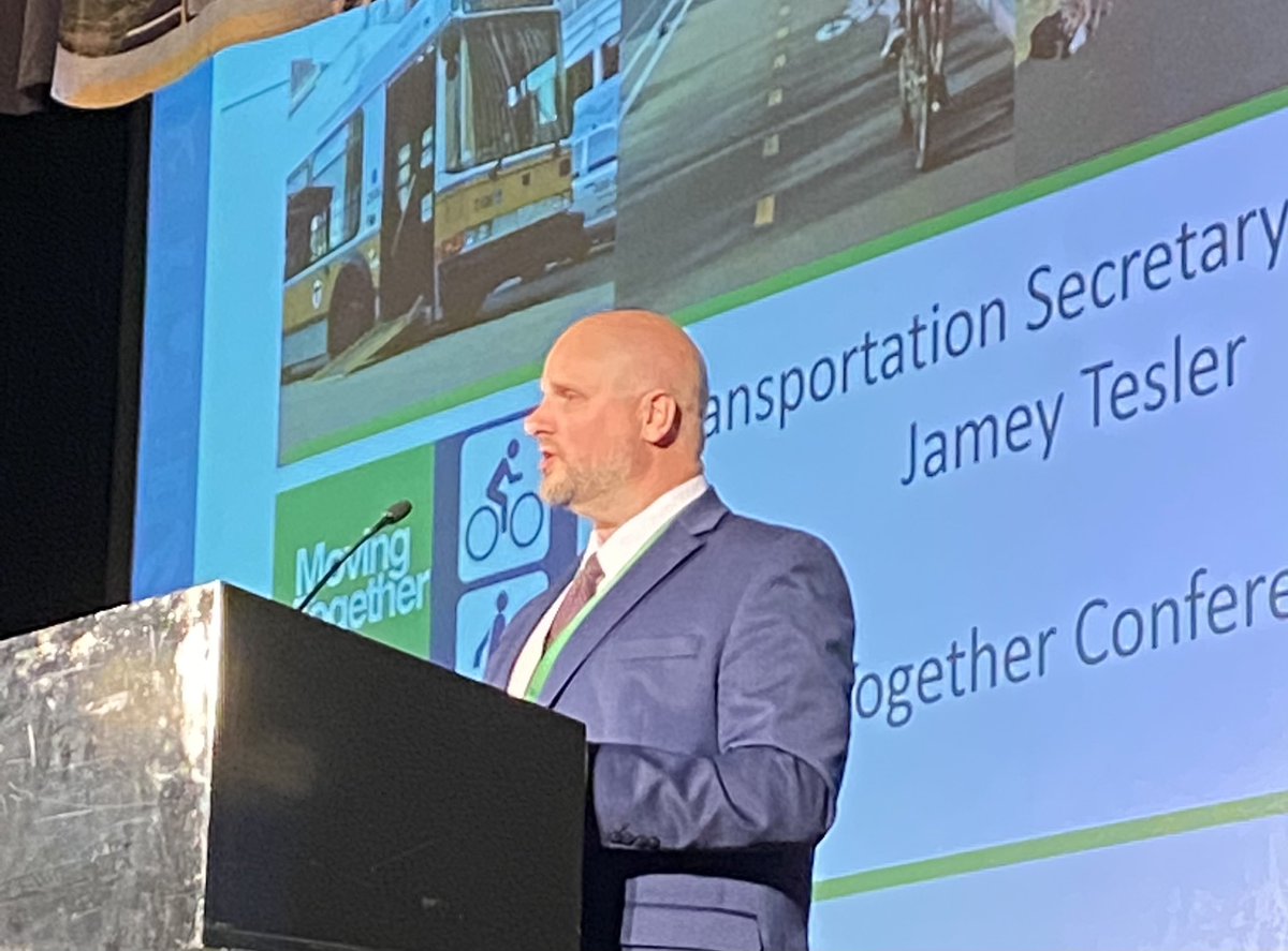 MassDOT's tweet photo. @JLGulliver Opens the #MovingTogether22 keynote address. Safety is 1st priority with #MassDOT projects and initiatives. โWe are incorporating innovative engineering to reduce speeds, install bike/ped infrastructure to make roads multi-modal.โ https://t.co/QMRkCU329i