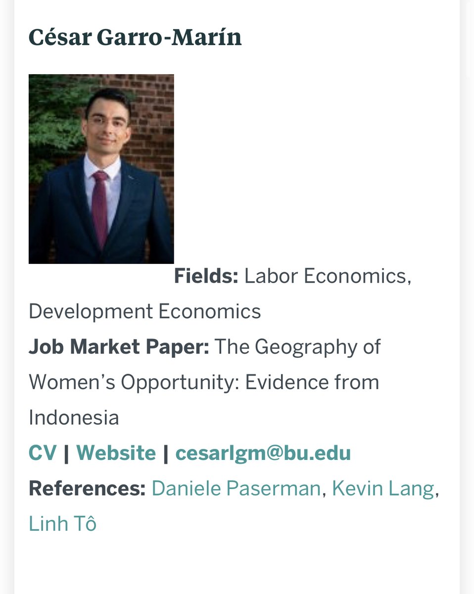 BU Economics (@bu_economics) on Twitter photo @BeixiZhou César Garro-Marín’s (<a href="/csargarr/">César Garro</a>) JMP studies how women’s birthplace affects their labor force participation in Indonesia, exploiting variation in the age internal migrants left their birthplace.
Web: cesargarromarin.com @BeixiZhou César Garro-Marín’s (<a href="/csargarr/">César Garro</a>) JMP studies how women’s birthplace affects their labor force participation in Indonesia, exploiting variation in the age internal migrants left their birthplace.
Web: cesargarromarin.com