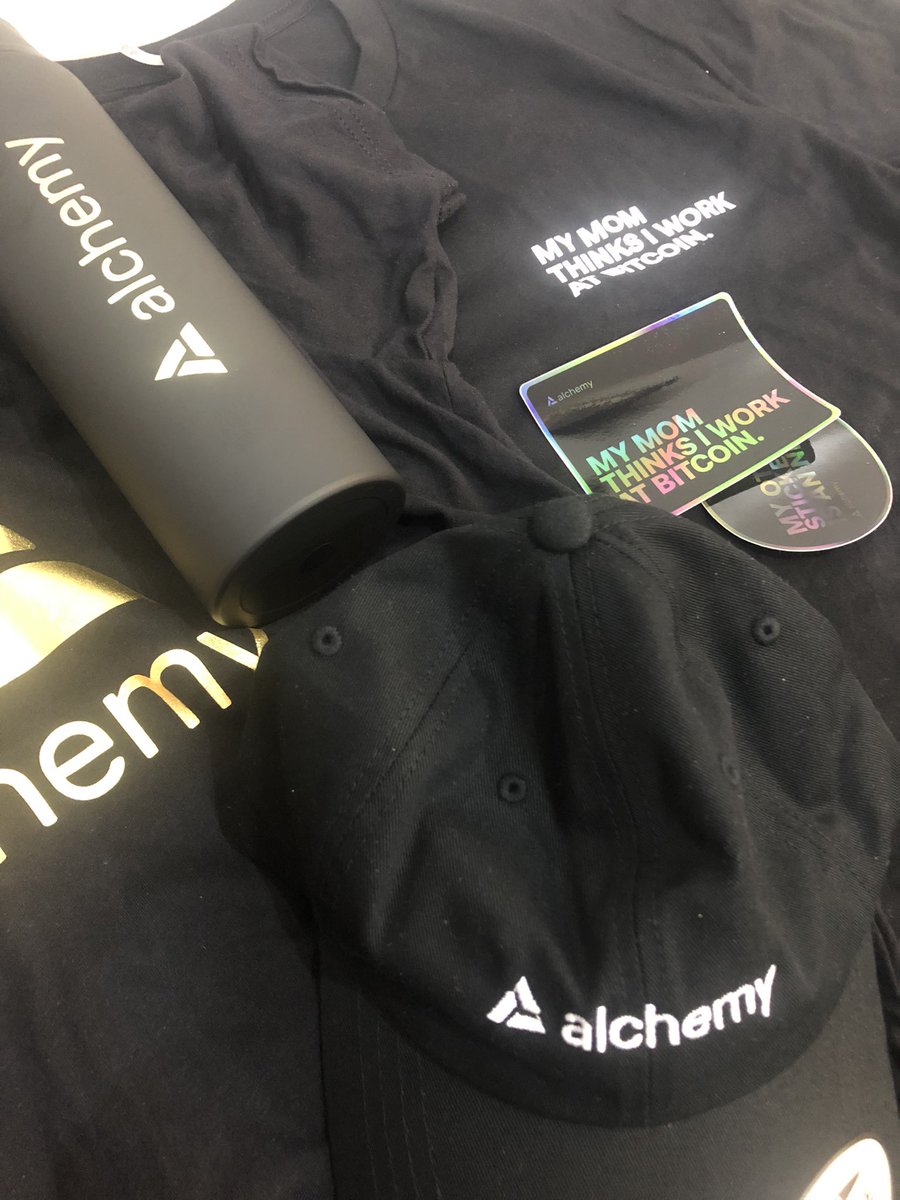 I just got my swag from @AlchemyPlatform thank you @angelinarusse 🥰🤗💛 PS: I love the my mom thinks I work in Bitcoin shirt and sticker 😅