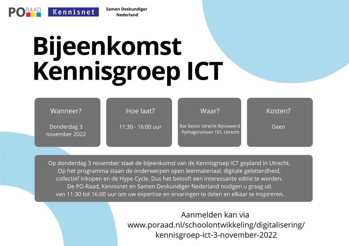 Heb je je al aangemeld voor deze interessante #ICT bijeenkomst? Deze wordt georganiseerd door de @PO_Raad  en <a href="/kennisnet/">Kennisnet</a> op 03-11-2022.