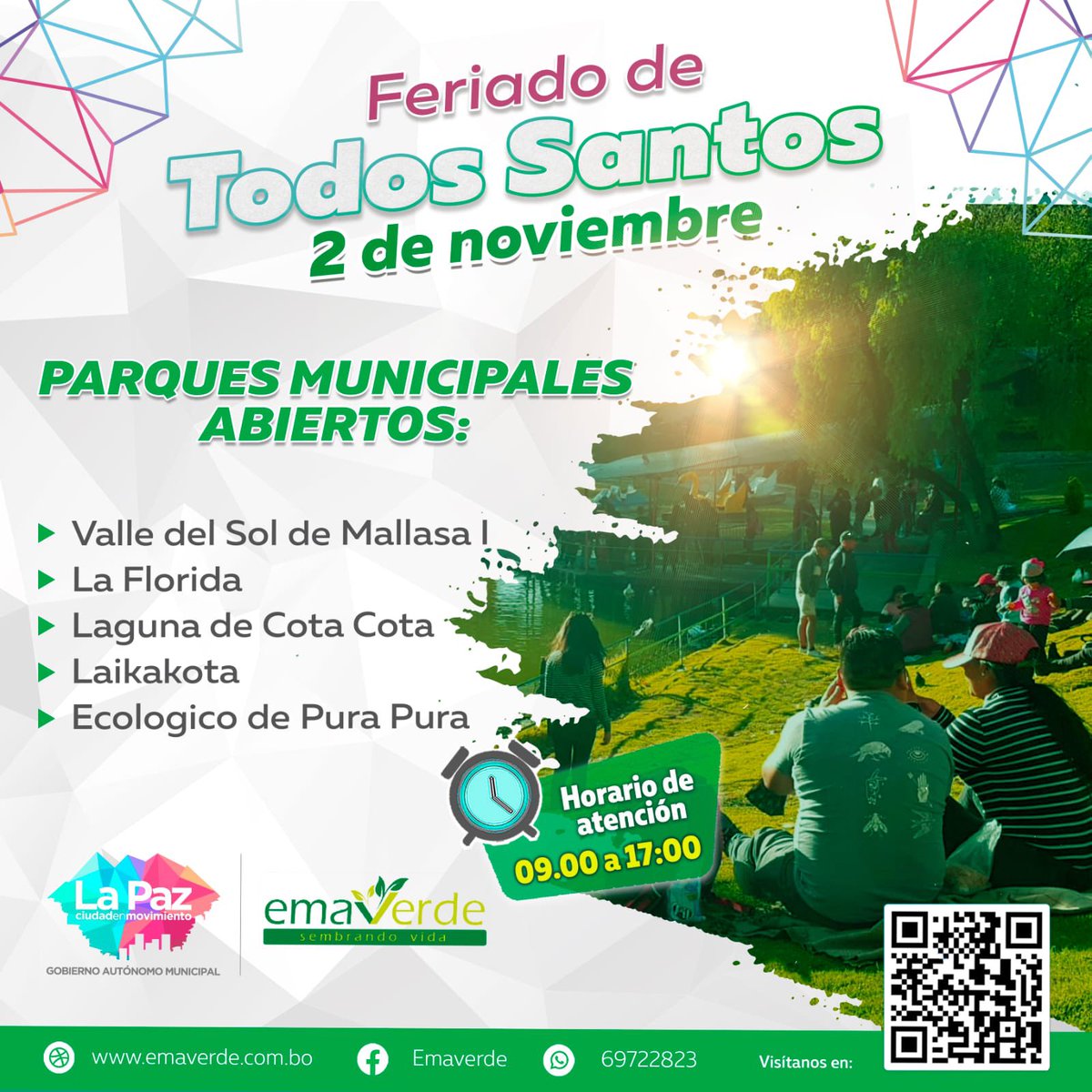 #TodosSantos| Te invitamos a visitar las áreas recreativas este miércoles feriado de Todos Santos. Ven y comparte bellos momentos en los espacios recreativos y deportivos con tú familia y amigos.
¡ Te esperamos!
#LaPazEnMovimiento
#PorElBienComún
#LaPazModernayVerde
#Emaverde