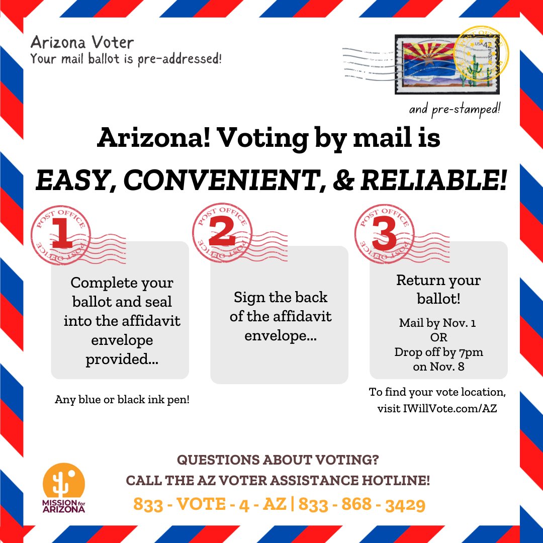 Voting by mail is EASY, CONVENIENT, & RELIABLE! Complete your ballot, sign your affidavit envelope, and return your ballot by mailing back TODAY or dropping off by 7pm Nov. 8. Voting questions? Call the AZ Voter Assistance Hotline 833 - VOTE - 4 - AZ