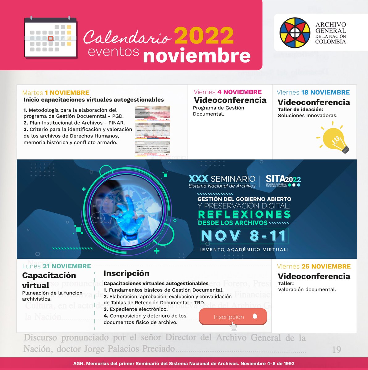 📌¡Agéndate! 🗓
Estas son las actividades que tendremos en el mes de #noviembre.

Cerca a cada una de las fechas, publicaremos la respectiva información a través de nuestras redes sociales y sitio web.

🤗 Esperamos contar con tu participación.
